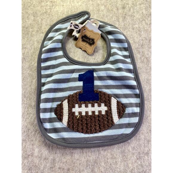 Mud Pie Blue and Gray Striped Football Themed Baby Bib - Picture 1 of 5